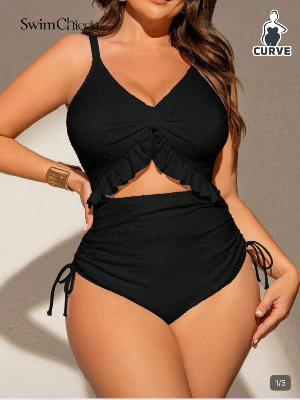 SHEIN Curve Black Ruffle High-Waist Swimsuit